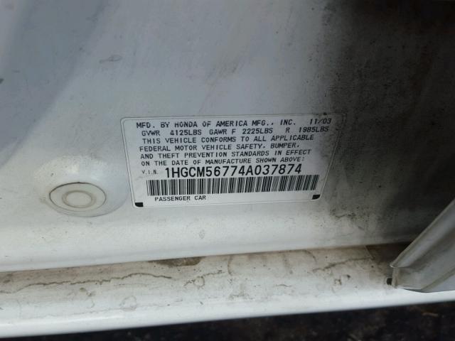 1HGCM56774A037874 - 2004 HONDA ACCORD EX WHITE photo 10