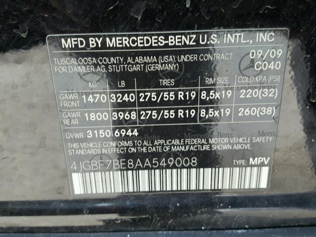 4JGBF7BE8AA549008 - 2010 MERCEDES-BENZ GL 450 4MA BLACK photo 10