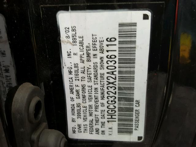 1HGCG323X2A036116 - 2002 HONDA ACCORD SE BLACK photo 10