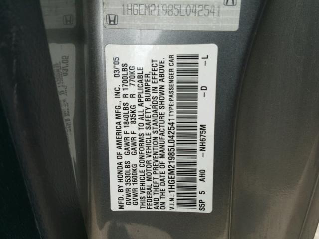 1HGEM21985L042541 - 2005 HONDA CIVIC EX CHARCOAL photo 10