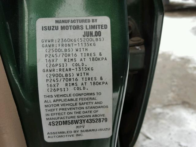 4S2DM58W3Y4352879 - 2000 ISUZU RODEO S GREEN photo 10