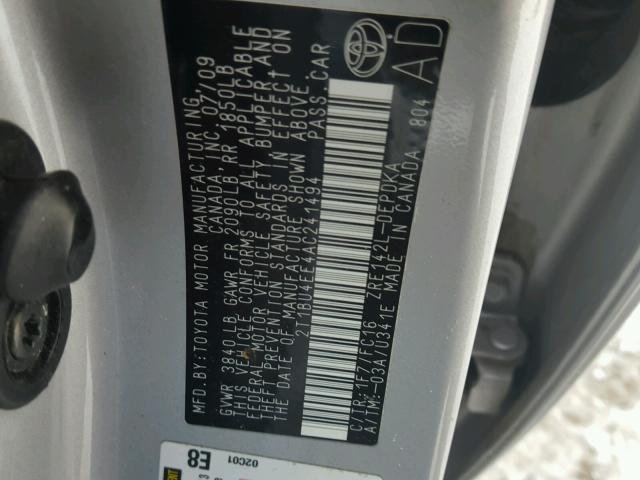 2T1BU4EE4AC241494 - 2010 TOYOTA COROLLA BA SILVER photo 10