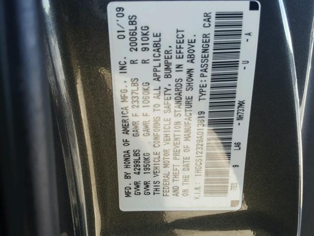 1HGCS12329A013619 - 2009 HONDA ACCORD LX GRAY photo 10