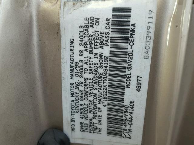 4T1BG22K7XU494192 - 1999 TOYOTA CAMRY CE TAN photo 10