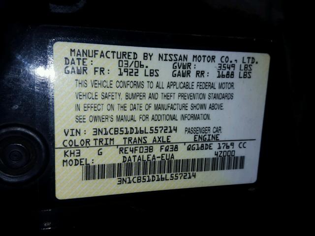 3N1CB51D16L557214 - 2006 NISSAN SENTRA 1.8 BLACK photo 10