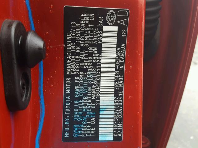 2T1BU4EEXDC111207 - 2013 TOYOTA COROLLA BA RED photo 10