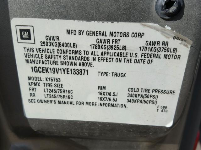 1GCEK19V1YE133871 - 2000 CHEVROLET SILVERADO SILVER photo 10