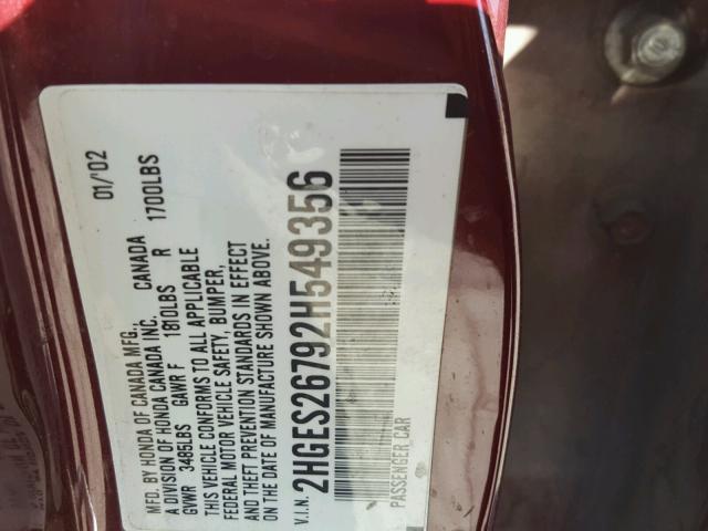 2HGES26792H549356 - 2002 HONDA CIVIC EX 勃艮第红 照片 10