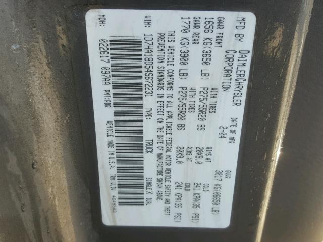 1D7HA18D54S672231 - 2004 DODGE RAM 1500 S GRAY photo 10