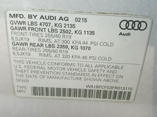 WA1BFCFS3FR013115 - 2015 AUDI Q3 PREMIUM SILVER photo 10