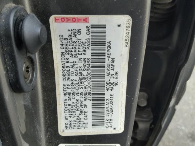 JTDBE30KX20098468 - 2002 TOYOTA CAMRY LE CHARCOAL photo 10