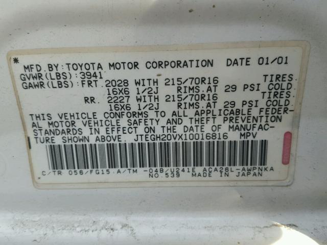 JTEGH20VX10016816 - 2001 TOYOTA RAV4 WHITE photo 10