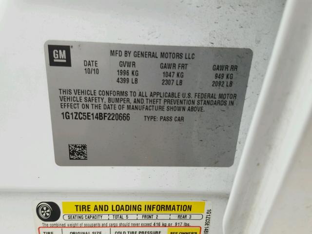 1G1ZC5E14BF220666 - 2011 CHEVROLET MALIBU 1LT 白色 照片 10