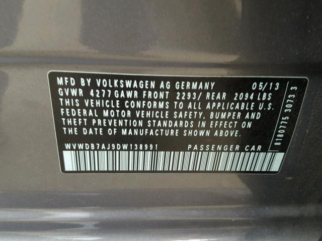 WVWDB7AJ9DW138991 - 2013 VOLKSWAGEN GOLF GRAY photo 10