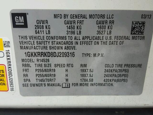 1GKKRRKD8DJ209316 - 2013 GMC ACADIA SLT WHITE photo 10