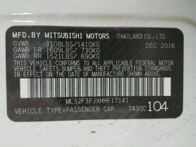 ML32F3FJXHHF17141 - 2017 MITSUBISHI MIRAGE G4 WHITE photo 10