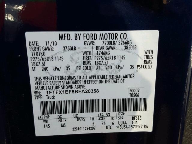 1FTFX1EF8BFA20358 - 2011 FORD F150 SUPER BLUE photo 10