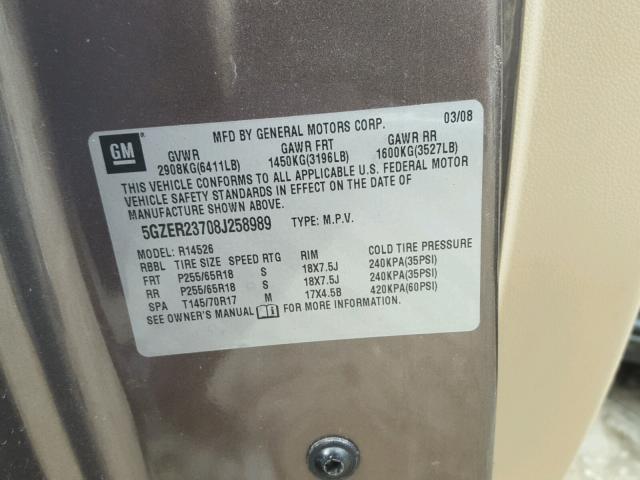 5GZER23708J258989 - 2008 SATURN OUTLOOK XR ყავისფერი ფოტო 10