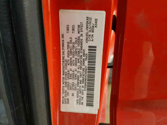 5TEGN92N64Z395627 - 2004 TOYOTA TACOMA DOU RED photo 10