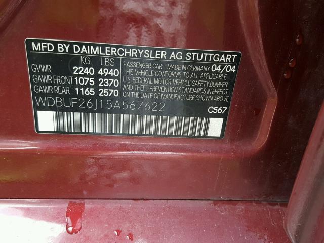 WDBUF26J15A567622 - 2005 MERCEDES-BENZ E 320 CDI MAROON photo 10