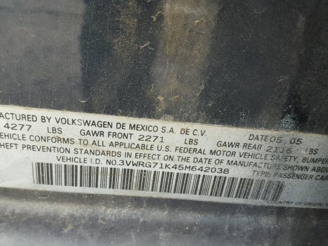 3VWRG71K45M642038 - 2005 VOLKSWAGEN NEW JETTA GRAY photo 10