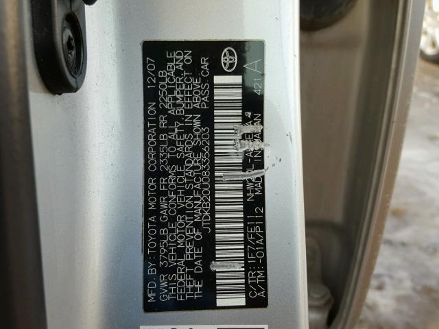 JTDKB20U083356203 - 2008 TOYOTA PRIUS SILVER photo 10