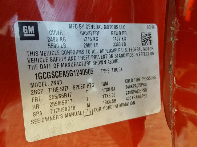 1GCGSCEA5G1240905 - 2016 CHEVROLET COLORADO L RED photo 10