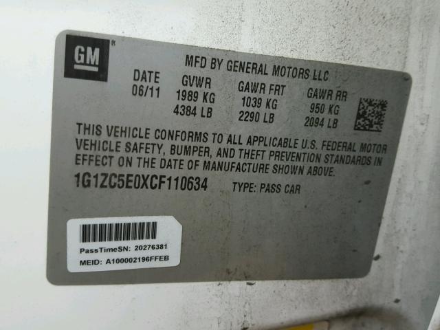 1G1ZC5E0XCF110634 - 2012 CHEVROLET MALIBU 1LT 白色 照片 10