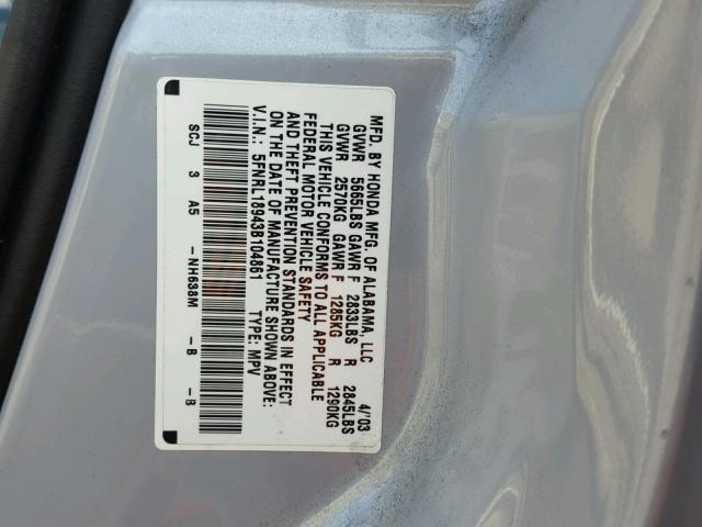 5FNRL18943B104861 - 2003 HONDA ODYSSEY EX SILVER photo 10