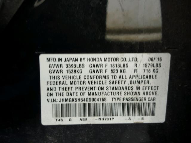 JHMGK5H54GS004765 - 2016 HONDA FIT LX Чорний фото 10