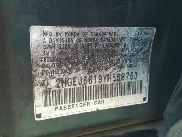 2HGEJ6619YH568763 - 2000 HONDA CIVIC BASE GREEN photo 10