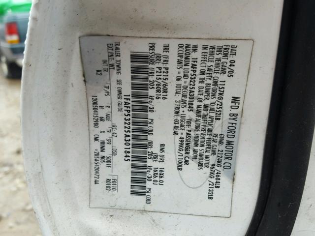 1FAFP53225A301845 - 2005 FORD TAURUS SE WHITE photo 10