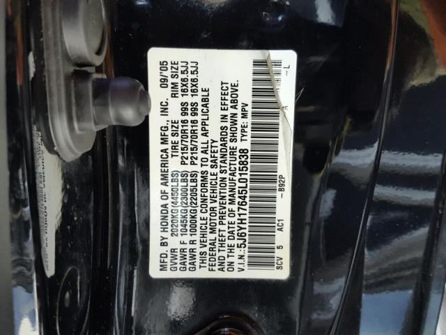 5J6YH17645L015838 - 2005 HONDA ELEMENT EX BLACK photo 10