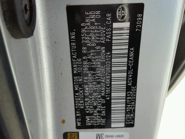 4T1BE46K67U603124 - 2007 TOYOTA CAMRY NEW SILVER photo 10