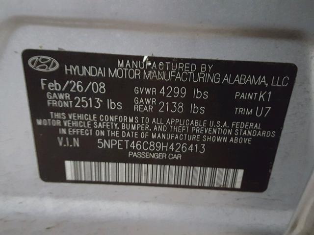 5NPET46C89H426413 - 2009 HYUNDAI SONATA GLS SILVER photo 10