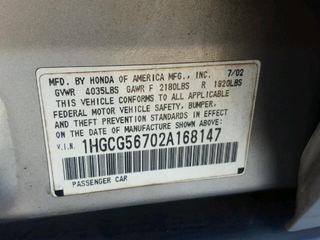 1HGCG56702A168147 - 2002 HONDA ACCORD SE SILVER photo 10