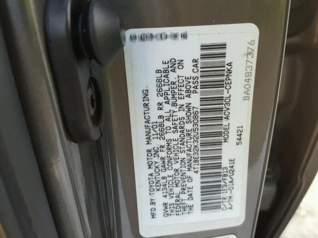 4T1BE32K32U530867 - 2002 TOYOTA CAMRY LE GRAY photo 10