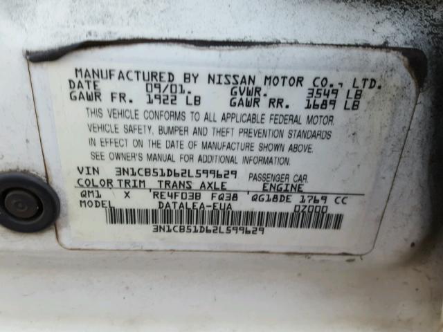 3N1CB51D62L599629 - 2002 NISSAN SENTRA XE WHITE photo 10