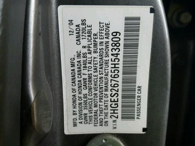 2HGES26765H543809 - 2005 HONDA CIVIC EX GRAY photo 10