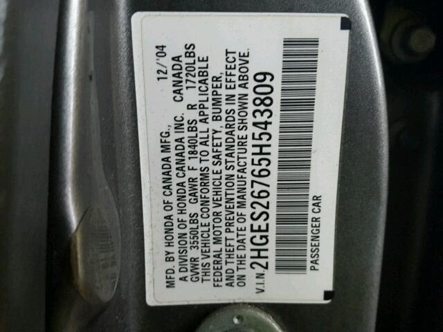 2HGES26765H543809 - 2005 HONDA CIVIC EX 灰色 照片 10