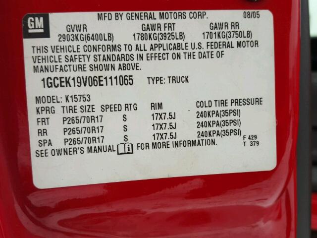 1GCEK19V06E111065 - 2006 CHEVROLET SILVERADO RED photo 10