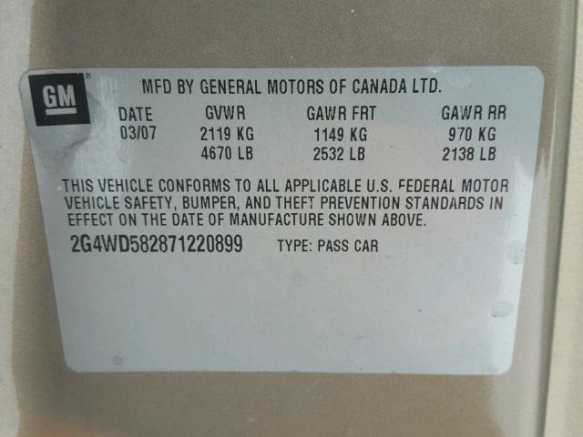 2G4WD582871220899 - 2007 BUICK LACROSSE C TAN photo 10