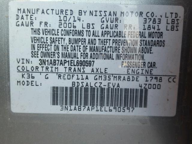 3N1AB7AP1EL690597 - 2014 NISSAN SENTRA S GRAY photo 10