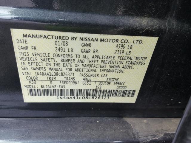 1N4BA41E08C826371 - 2008 NISSAN MAXIMA SE GRAY photo 10