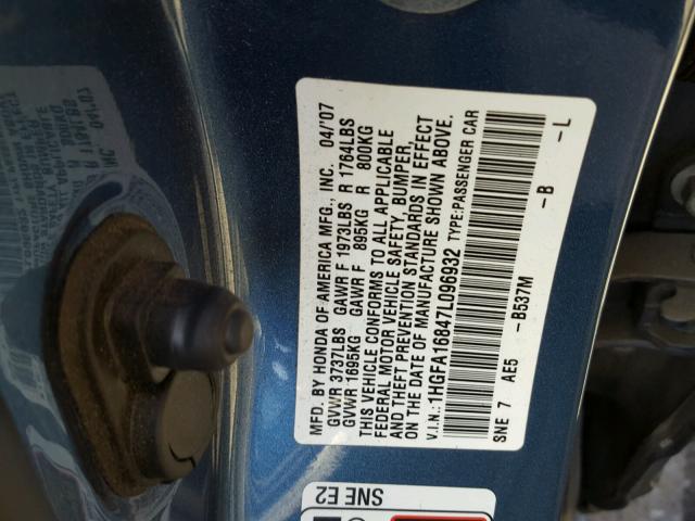 1HGFA16847L096932 - 2007 HONDA CIVIC EX BLUE photo 10