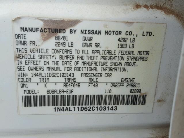 1N4AL11D62C103143 - 2002 NISSAN ALTIMA BAS WHITE photo 10