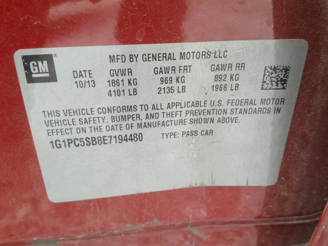 1G1PC5SB8E7194480 - 2014 CHEVROLET CRUZE LT RED photo 10