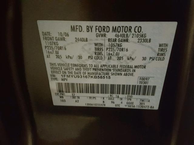 1FMYU93167KB58515 - 2007 FORD ESCAPE XLT BROWN photo 10