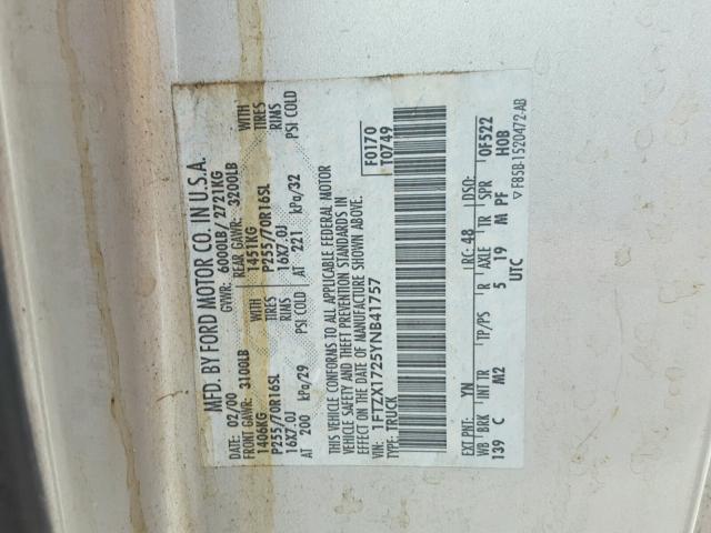 1FTZX1725YNB41757 - 2000 FORD F150 GRAY photo 10