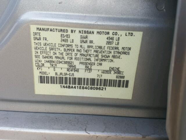 1N4BA41E84C809621 - 2004 NISSAN MAXIMA SE SILVER photo 10